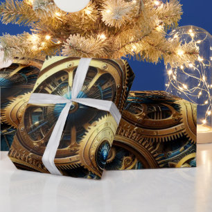 Steampunk-Uhrwerk Gold und Aquamarin Geschenkpapier