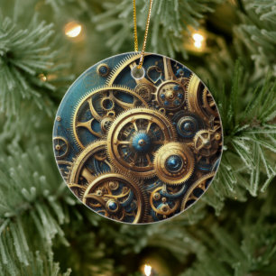 Steampunk-Uhrwerk Gold und Aquamarin Keramik Ornament