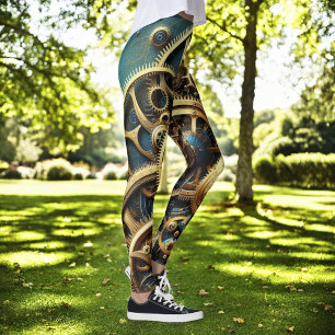 Steampunk-Uhrwerk Gold und Aquamarin Leggings
