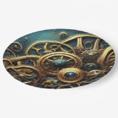 Steampunk-Uhrwerk Gold und Aquamarin Pappteller (Schrägansicht)