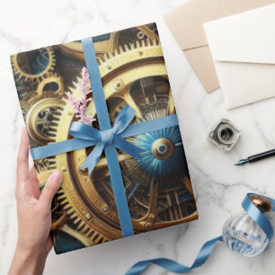 Steampunk Uhrwerk Gold und Türkis Geschenkpapier