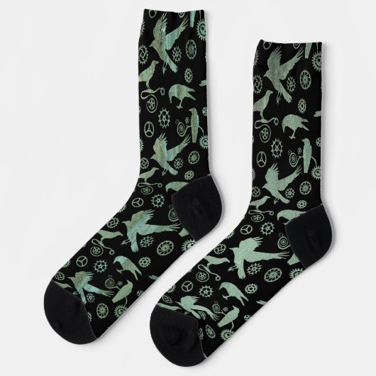 Steampunk Verdigris Bronze Crows and Gears Socks Socken (Linkes Detail)