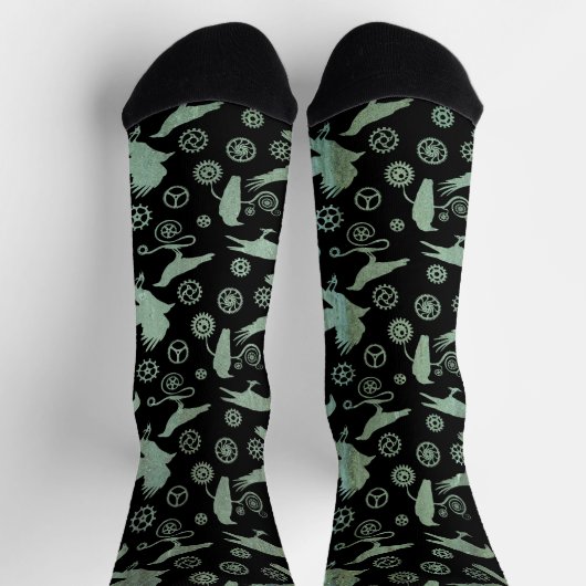 Steampunk Verdigris Bronze Crows and Gears Socks Socken (Oben)