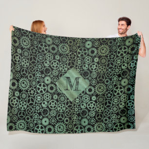Steampunk Verdigris Bronze Gears Custom Monogram Fleecedecke