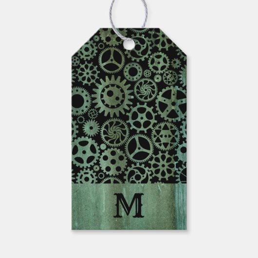 Steampunk Verdigris Bronze Gears Custom Monogram Geschenkanhänger (Vorderseite)