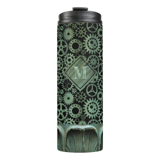 Steampunk Verdigris Bronze Gears Custom Monogram Thermosbecher (Vorderseite)