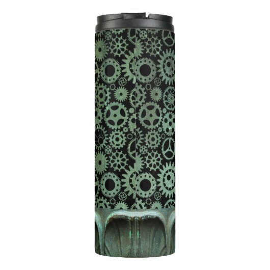 Steampunk Verdigris Bronze Gears Custom Monogram Thermosbecher (Rückseite)