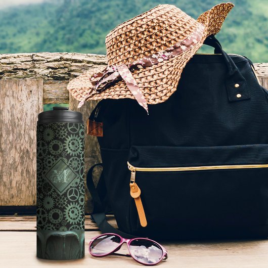 Steampunk Verdigris Bronze Gears Custom Monogram Thermosbecher