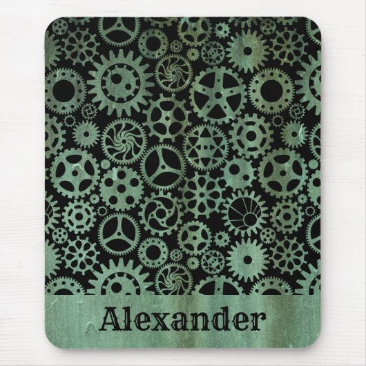 Steampunk Verdigris Bronze Gears Individuelle Name Mousepad (Vorne)