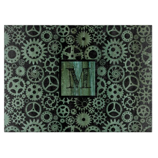 Steampunk Verdigris Bronze Gears Monogram Schneidebrett (Vorderseite)