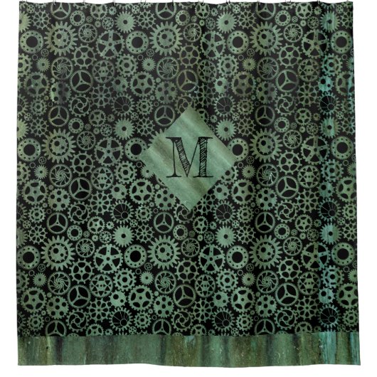 Steampunk-Verdigris-Bronze-Geber Monogramm Duschvorhang (Vorderseite)