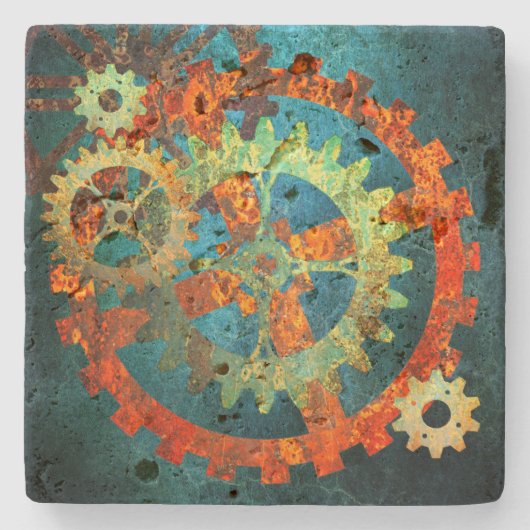 Steampunk Verdigris rostiges Zahnrad Steinuntersetzer (Vorderseite)