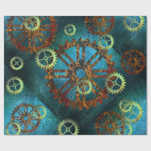 Steampunk Verdigris Rusty Cogwheel Geschenkpapier (Flach)