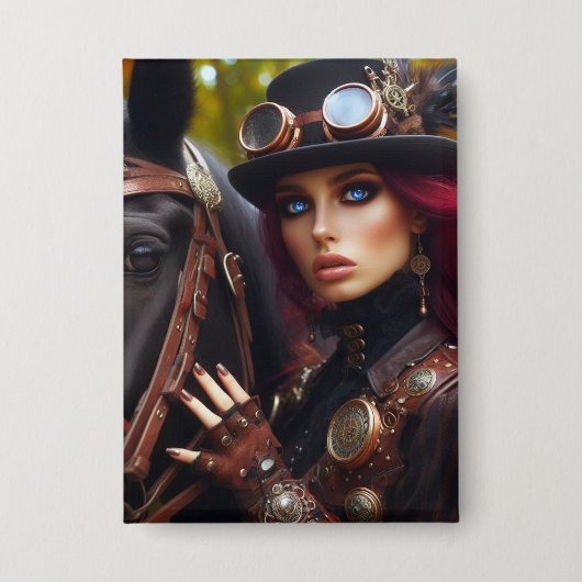 Steampunk-Victorian-Lady-Dunkle-Reiterin Button (Vorderseite)