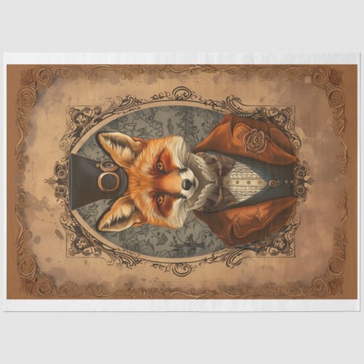 Steampunk Viktorianisch Elegant Fox A4R Decoupage Seidenpapier (Vorderseite)