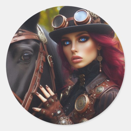 Steampunk Viktorianisch Lady Dark Rider Runder Aufkleber (Vorderseite)
