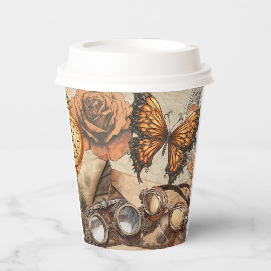Steampunk Viktorianische Rose Schmetterling und Br Pappbecher (Vorderseite)