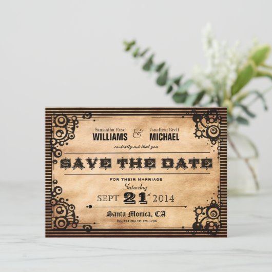 Steampunk Vintag Look Save the Date (Stehend Vorderseite)
