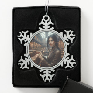 Steampunk-Vintage-Lady-Librarian im viktorianische Schneeflocken Zinn-Ornament