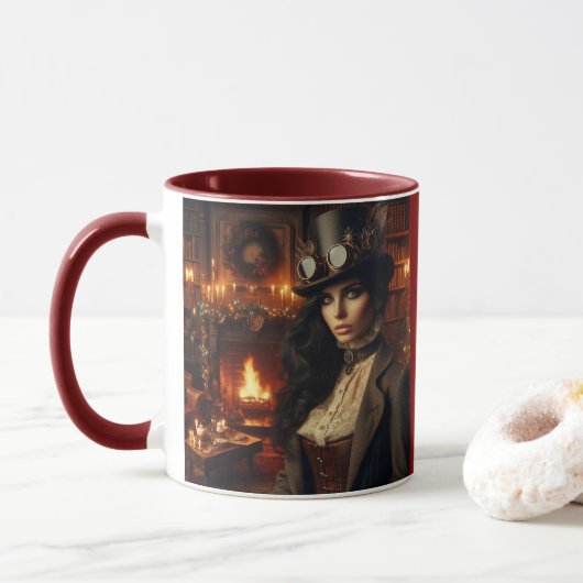 Steampunk Vintage Viktorianische Lady Weihnachten Tasse (Mit Donut)