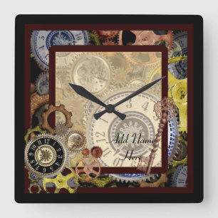 Steampunk-Wallclock-Quadrat - Name hinzufügen Quadratische Wanduhr