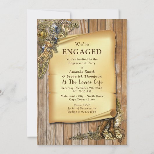 Steampunk Wedding auf Holz-Verlobung Einladung (Vorderseite)