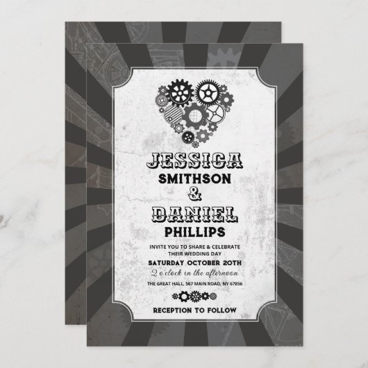 Steampunk Wedding Hearts Cogs Retrofuturistik Einladung (Vorne/Hinten)