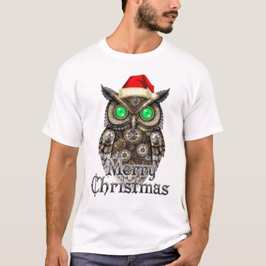 Steampunk-Weihnachts-Eule: Messing & Smaragd E T-Shirt (Vorderseite)