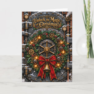 Steampunk-Weihnachtskranz-Tresortür-Feiertagskarte Feiertagskarte