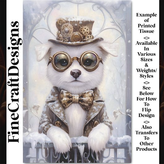 Steampunk White Puppy Dog in Snow AJ2 Decoupage Seidenpapier