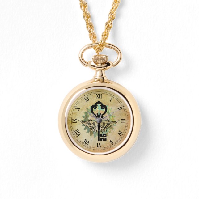 Steampunk Winged Key & Cog Wheel Armbanduhr (Vorderseite)
