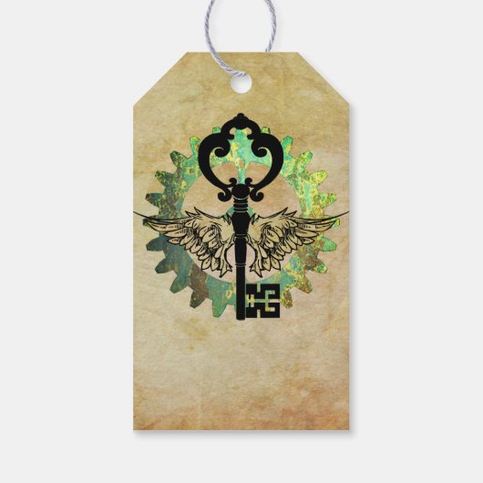 Steampunk Winged Key & Cog Wheel Design Geschenkanhänger (Rückseite)