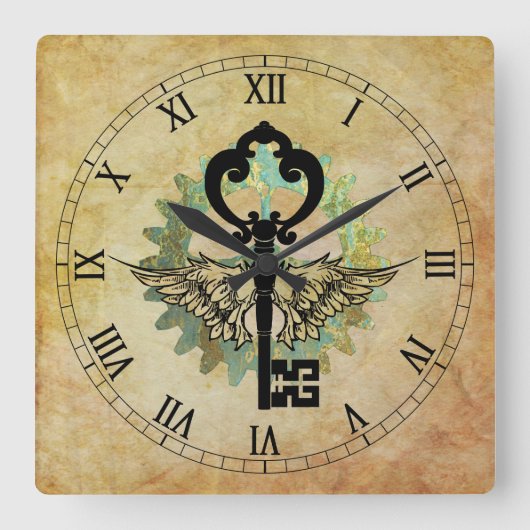 Steampunk Winged Key & Cog Wheel Quadratische Wanduhr (Vorderseite)