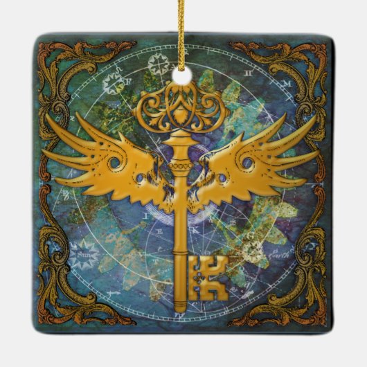 Steampunk Winged Key Keramikornament (Rückseite)