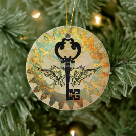 Steampunk Winged Key und Cog Wheel Keramik Ornament
