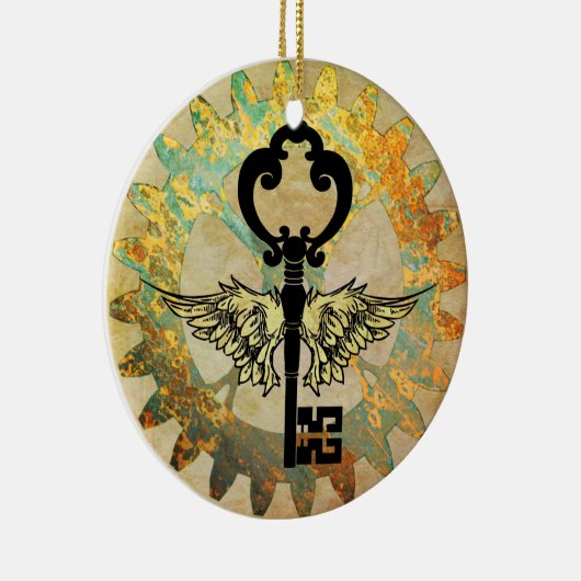 Steampunk Winged Key und Cog Wheel Keramik Ornament (Rechts)