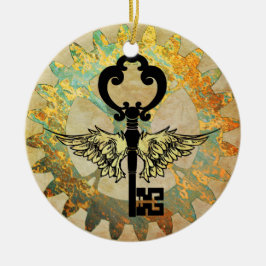 Steampunk Winged Key und Cog Wheel Keramik Ornament