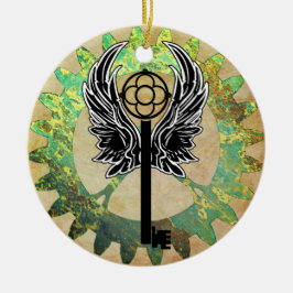 Steampunk Winged Key und Cog Wheel Keramik Ornament
