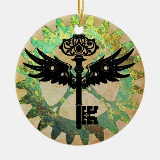 Steampunk Winged Key und Cog Wheel Keramik Ornament (Vorne)