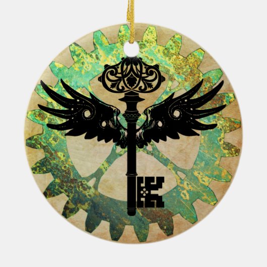 Steampunk Winged Key und Cog Wheel Keramik Ornament (Hinten)
