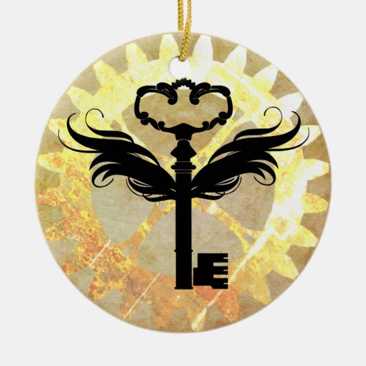 Steampunk Winged Key und Cog Wheel Keramikornament (Vorne)