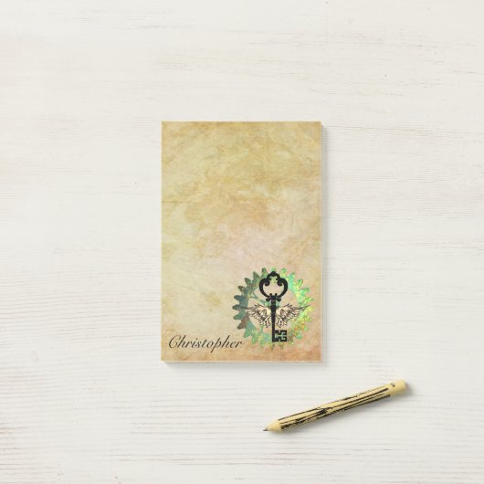 Steampunk Winged Key und Cog Wheel Post-It Notes Klebezettel (Auf Schreibtisch)