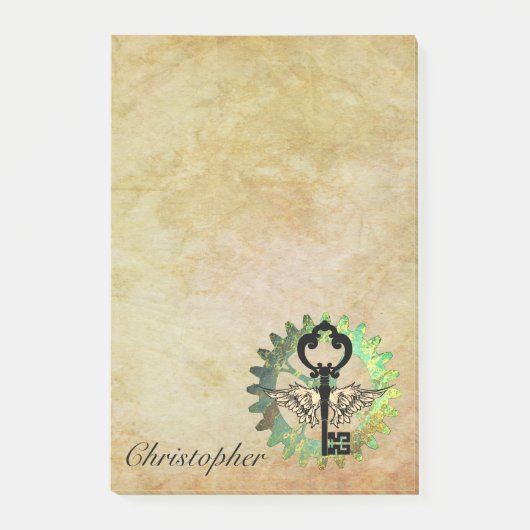 Steampunk Winged Key und Cog Wheel Post-It Notes Klebezettel (Vorderseite)