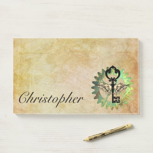 Steampunk Winged Key und Cog Wheel Post-It Notes Klebezettel (Auf Schreibtisch)