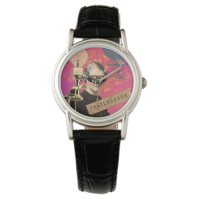 Steampunk Woman Trailblazer Pop Art Armbanduhr (Vorderseite)