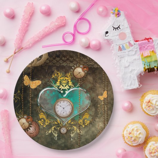 Steampunk, wunderbares Herz mit Uhren Pappteller (Party)
