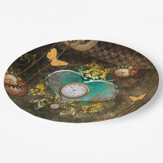 Steampunk, wunderbares Herz mit Uhren Pappteller (Schrägansicht)