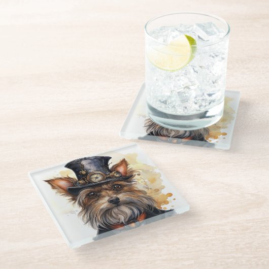 Steampunk Yorkshire Terrier Hund Glasuntersetzer (Schrägansicht)