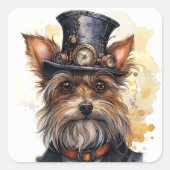 Steampunk Yorkshire Terrier Hund Quadratischer Aufkleber (Vorderseite)