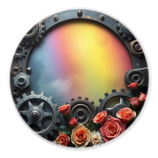 Steampunk-Zahnräder, Rosen und Regenbogen Keramikknauf (Vorderseite)